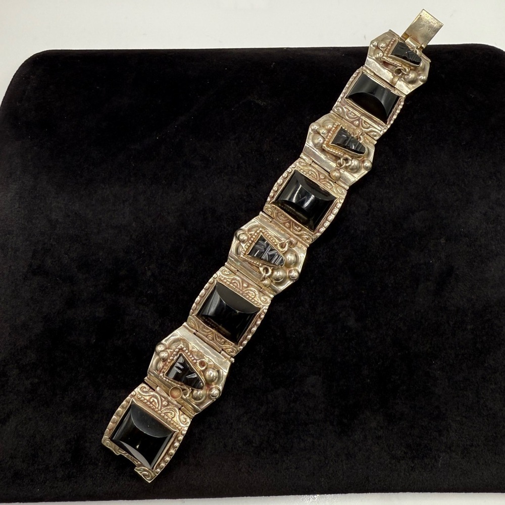 Vintage Aztec Mask Bracelet Black Onyx Alpaca Silver Mexico